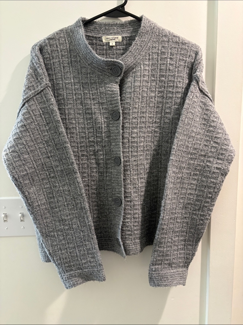 Max Studio Gray Textured Waffle-Knit Button Cardigan